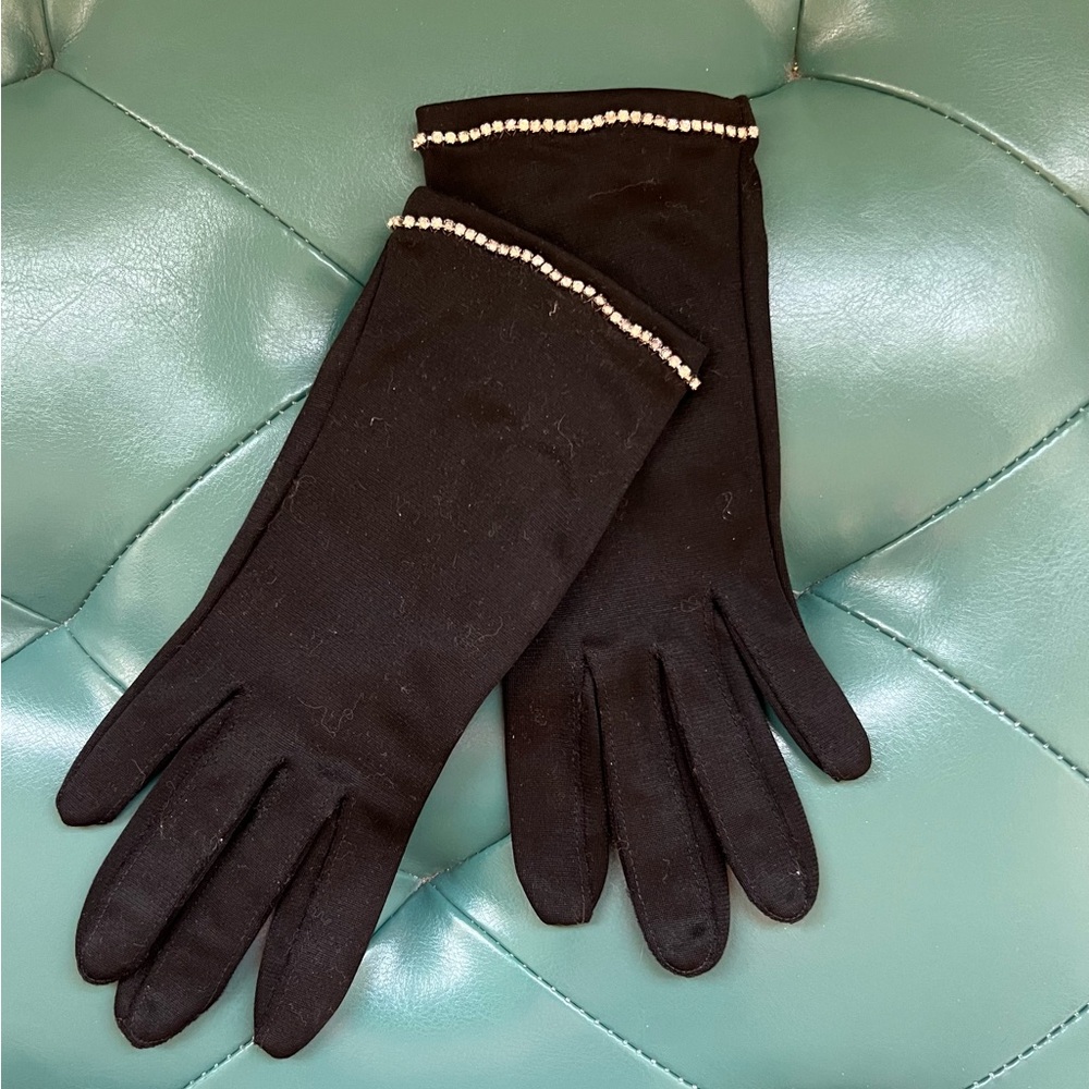 Vintage Black Nylon Gloves with Rhinestones